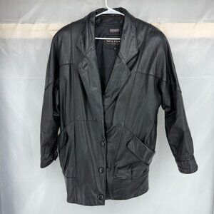 Wilsons Men M Leather Jacket Snap Front Black Long Sleeve Lined Outdoor Biker